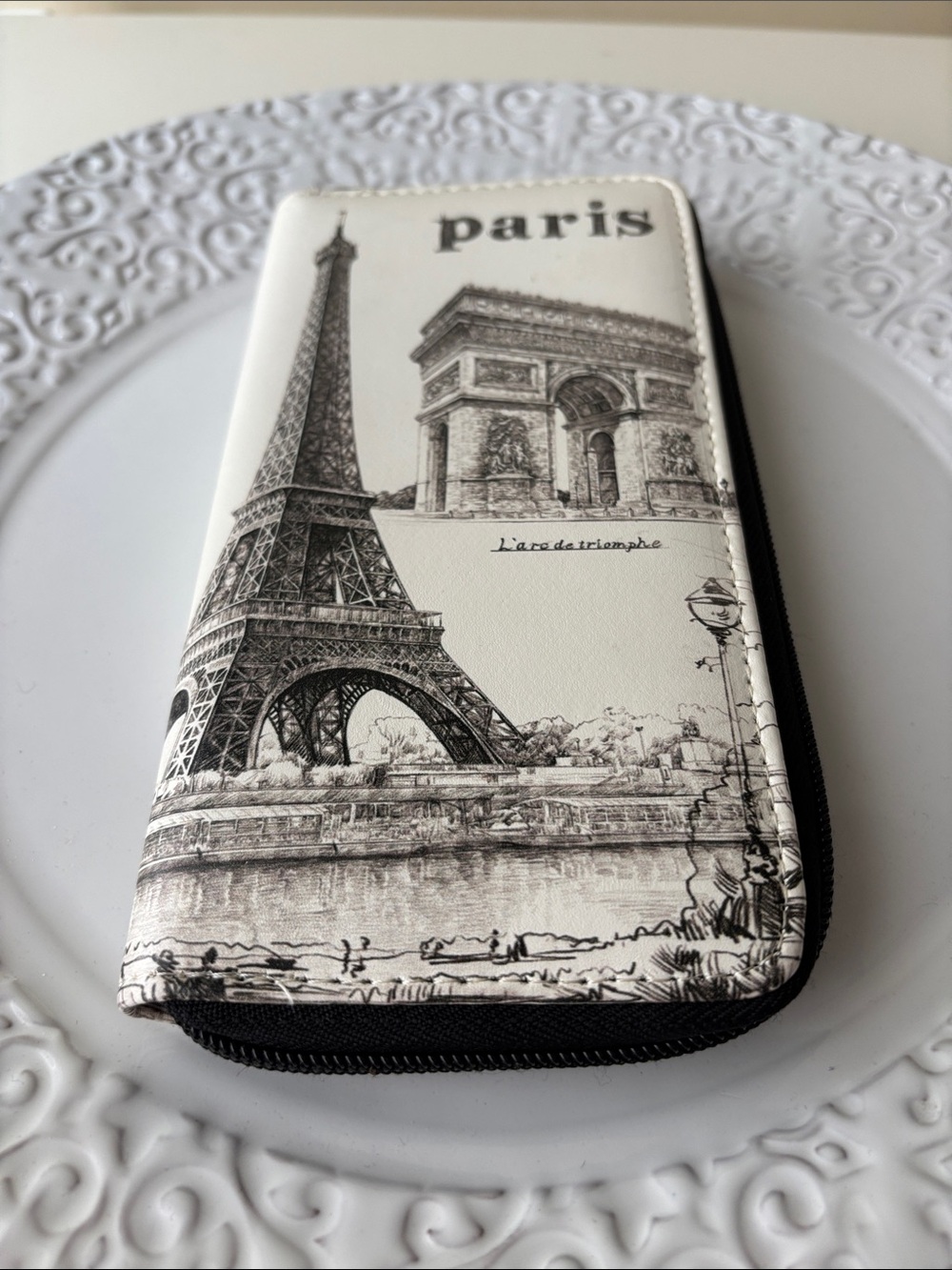 Aris Paris Eiffel Tower Zip Wallet in White and Black
